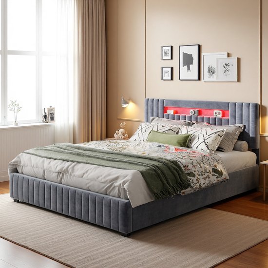 Opbergbed 160x200 cm Grijs Fluweel – Tweepersoons met LED Hoofdbord en Opbergvak