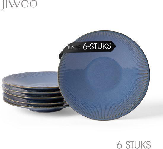 Zes blauwe dinerborden met verticale ribbels en gouden rand, met 'Jiwoo 6-STUKS' label.