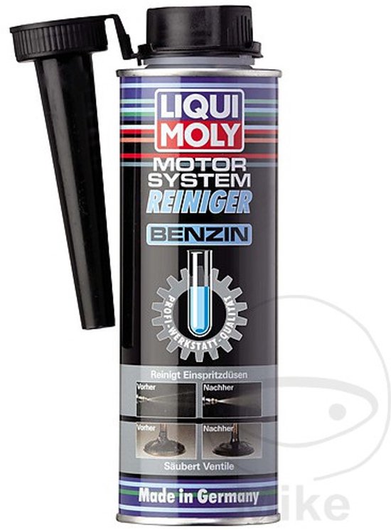 Liqui Moly Motor System Reiniger Benzine fles met zwarte spuit en dop.