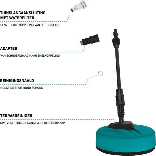 Tegelsreiniger met waterfilter, adapter en reinigingsnaald. Turquoise met zwarte details.