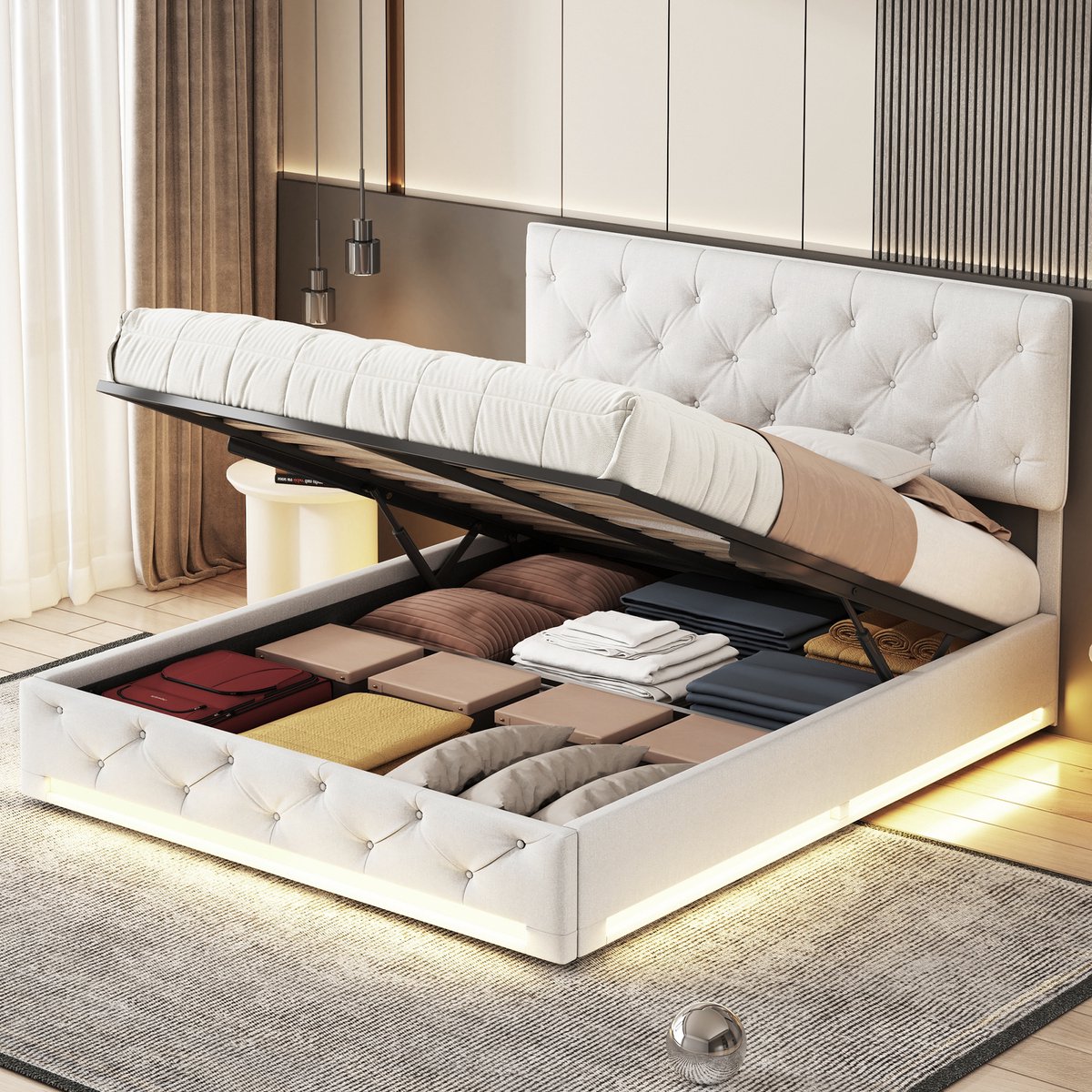 Beige Opbergbed 160x200 Tweepersoons met Hydraulisch Lift, Verstelbaar Hoofdbord & LED aan Voeteneinde thumbnail 2