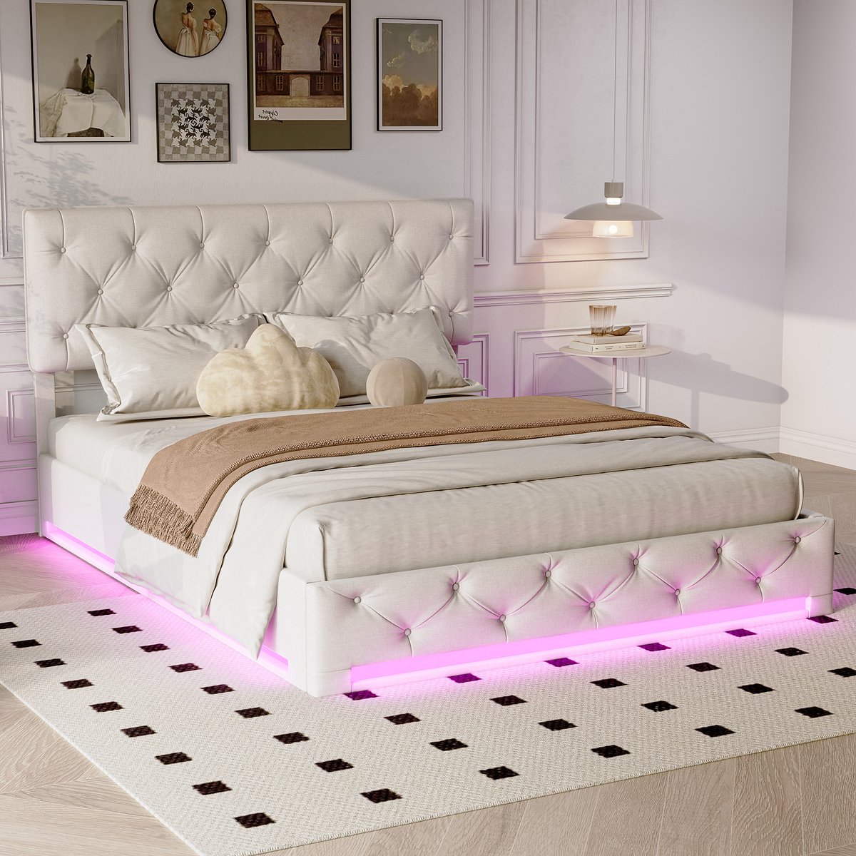 Beige Opbergbed 160x200 Tweepersoons met Hydraulisch Lift, Verstelbaar Hoofdbord & LED aan Voeteneinde thumbnail 3