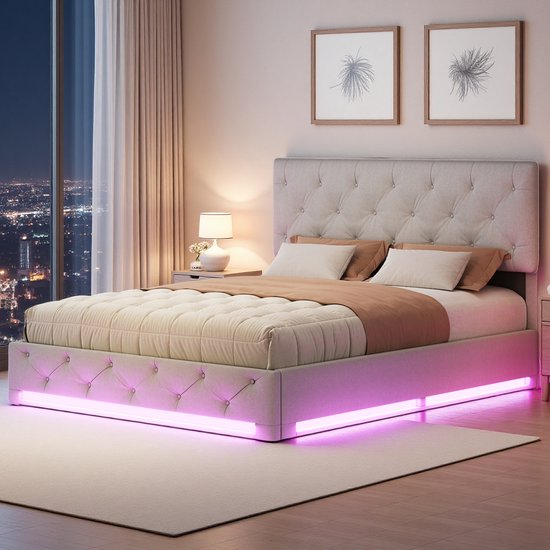 Beige Opbergbed 140x200 met Hydraulisch Lift en LED - Beige - €262,99