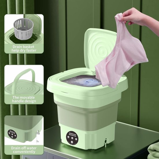 Demonstratie van de lichtgroene opvouwbare mini wasmachine: hoe de drainagemand helpt drogen, het verplaatsbare handvat, en gemakkelijk water afvoeren.