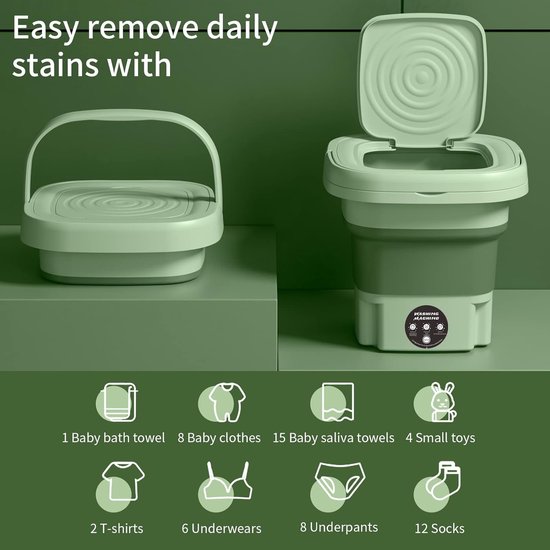 Opvouwbare mini wasmachine in lichtgroen met deksel open, toont capaciteit voor 1 baby badhanddoek, 8 babykledingstukken, 15 slabbetjes, 4 kleine speeltjes, 2 T-shirts, 6 ondergoed, 8 onderbroeken, 12 sokken.
