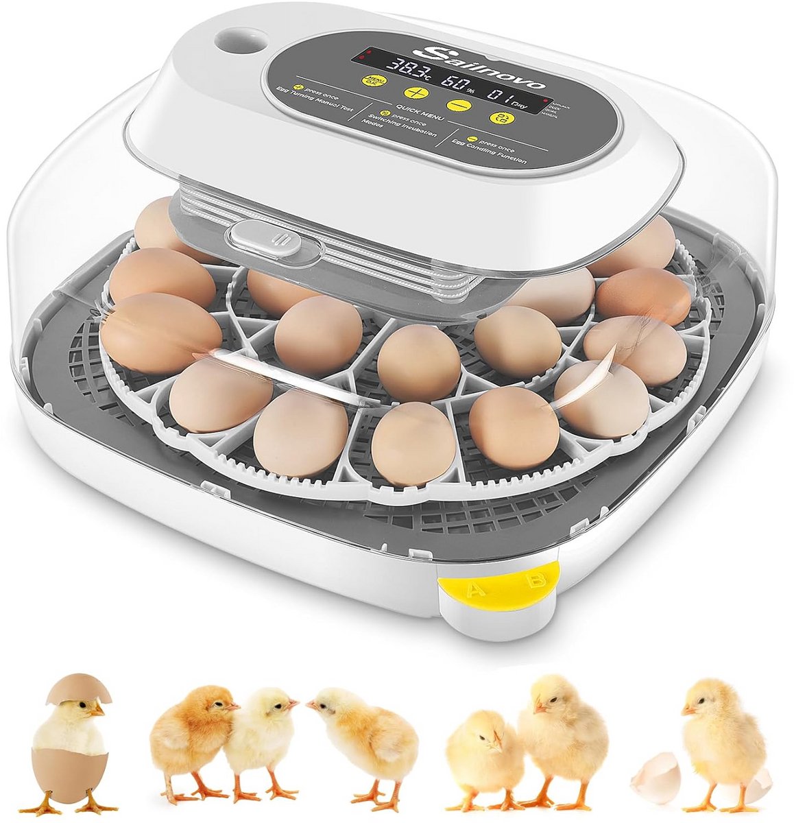 Eiteler voor kip, eend en gans - 24 eieren - automatisch eitelter - temperatuurregeling - vochtigheidsmonitor - 360° zicht - 4 instelbare modi