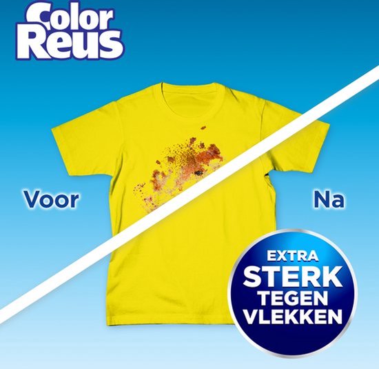 Gele T-shirt met vlekken, voor en na het wassen met Color Reus. Tekst: "EXTRA STERK TEGEN VLEKKEN"