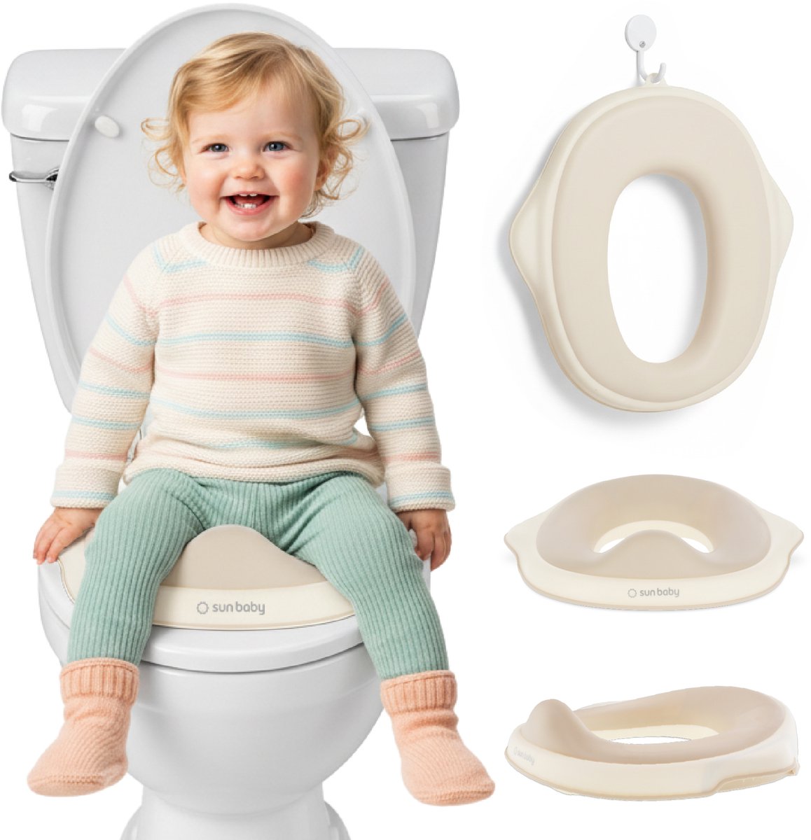 sun baby – Kinder toiletverkleiner, antislip wc-bril verkleiner voor kinderen 2-6 jaar, ergonomisch, met ophanghaak - Wit-Beige