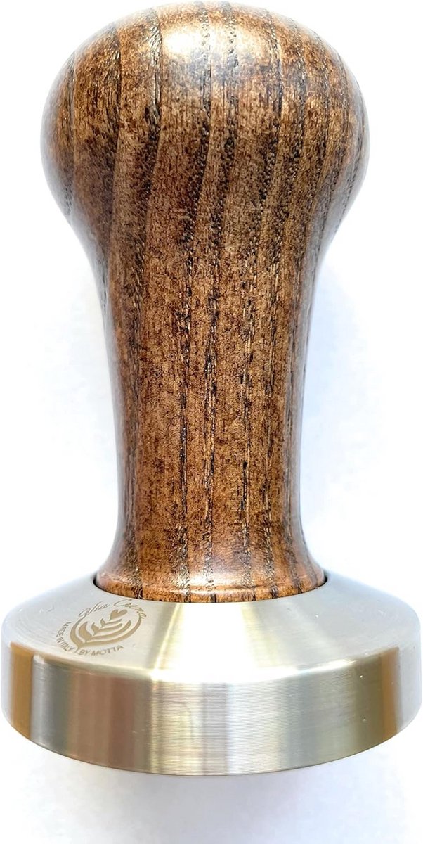 Professionele koffiestamper met houten handvat en crema tamper