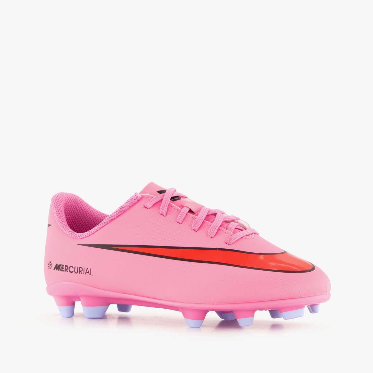 Roze Nike Mercurial Vapor 16 Club MG voetbalschoenen voor junioren met vetersluiting en textuurdetails.