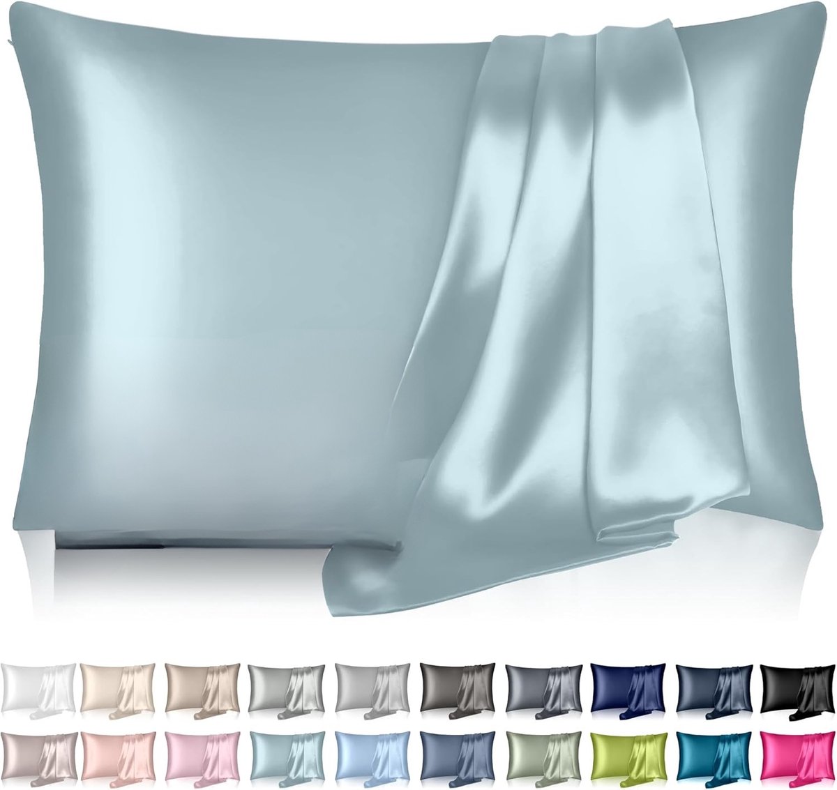 Famanu Zijden kussensloop standaardmaat aqua blauw, koelend, verborgen rits, luxe glad voor haar en huid