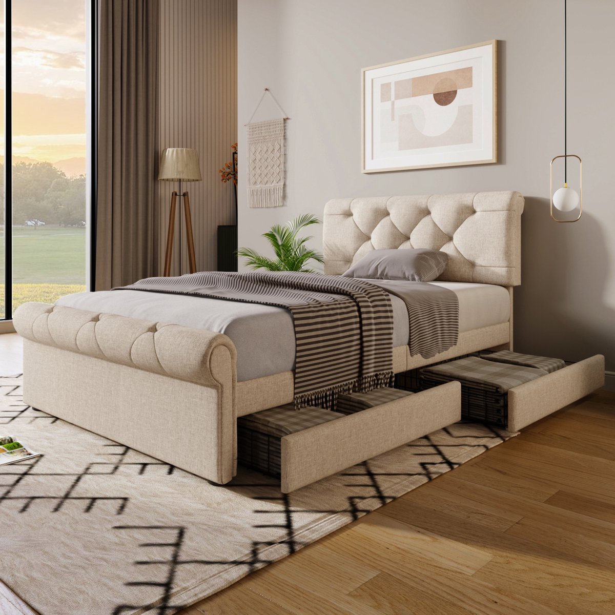 OKWISH Gestoffeerd Bed 90x200 cm - Verstelbaar Hoofdeinde 6 cm - Met 2 Uittrekbare Laden - Knopgestoffeerd Detail - Metaal&Hout - Zonder matras - Beige Lichtgrijs