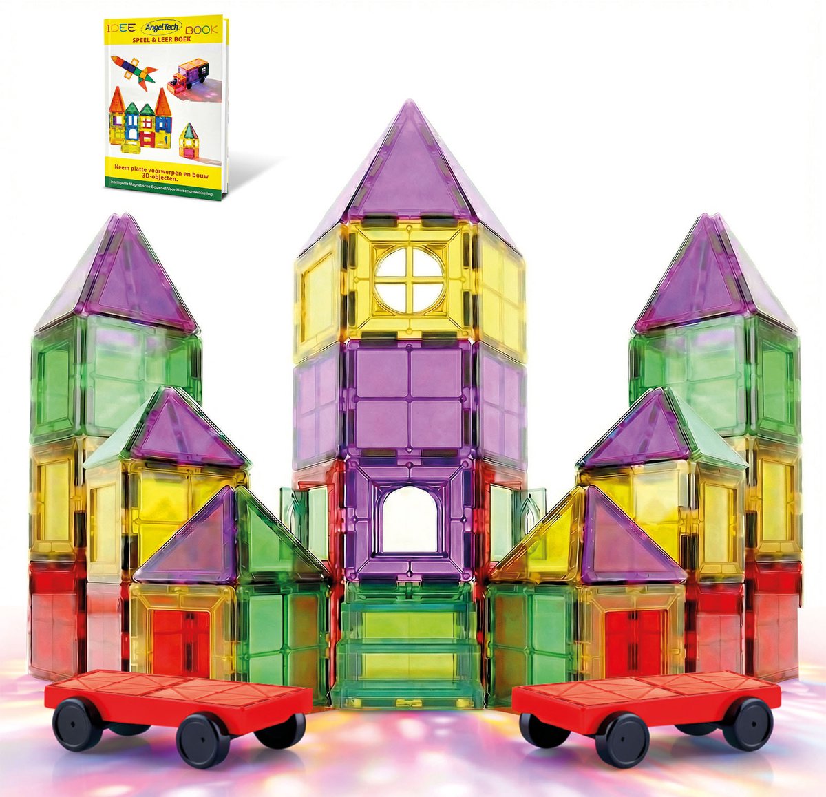 AngelTech Magnetic Tiles Luxe XL Set – Magna Tiles – 120 stuks - Magnetische Tegels – Montessori Speelgoed – Magnetisch Speelgoed – Magnetische Bouwstenen – Inclusief 2 Auto’s