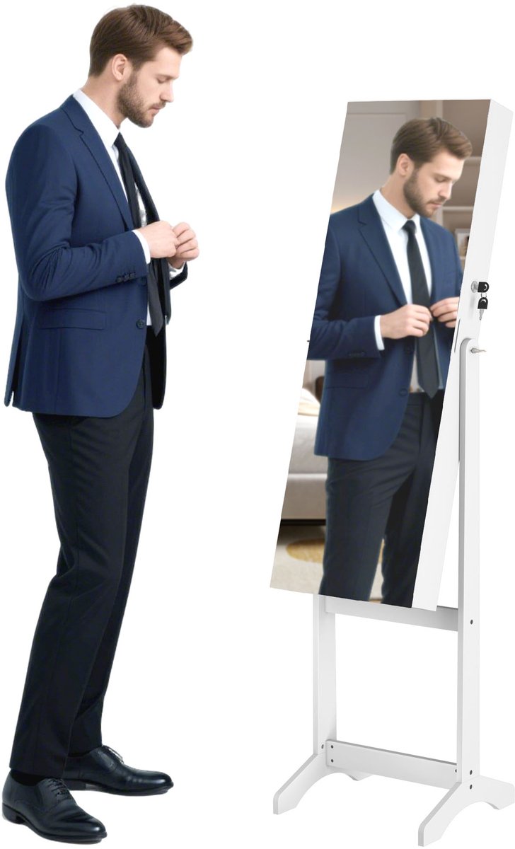 Aufun 2-in-1 Sieraadkast met Spiegel – Vergrendelbaar Dubbele Basis Model (Wit) – Make-up & Sieraad Opbergkast