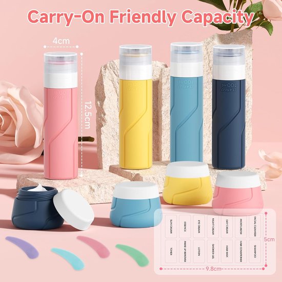Famanu - Set van 14 Reisflesjes Silicone - Lekvrije Reisfles 100ml & Crèmepotjes 30ml met Accessoires - Navulbare Lege Reisflesjes voor Shampoo - Lotion - Crème van Famanu — afbeelding 3