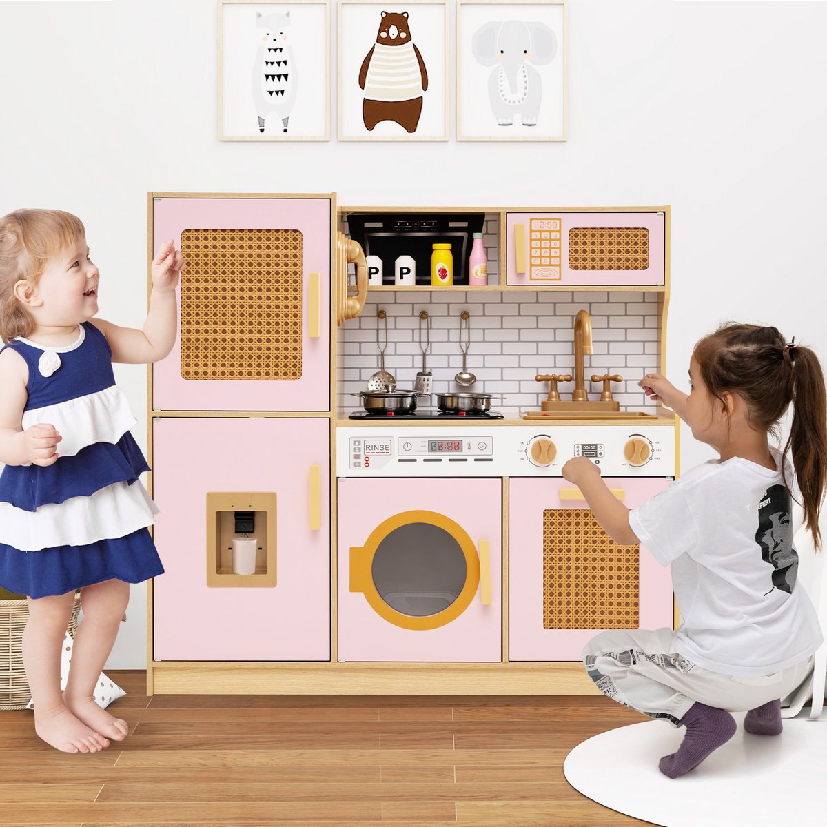 COSTWAY Kinderkeuken, speelkeuken, houten keuken met rotandeuren, licht en geluid, koelkast, waterdispenser, wasmachine en kookaccessoires, speelgoedkeuken voor kinderen vanaf 3 jaar (roze) — afbeelding 7
