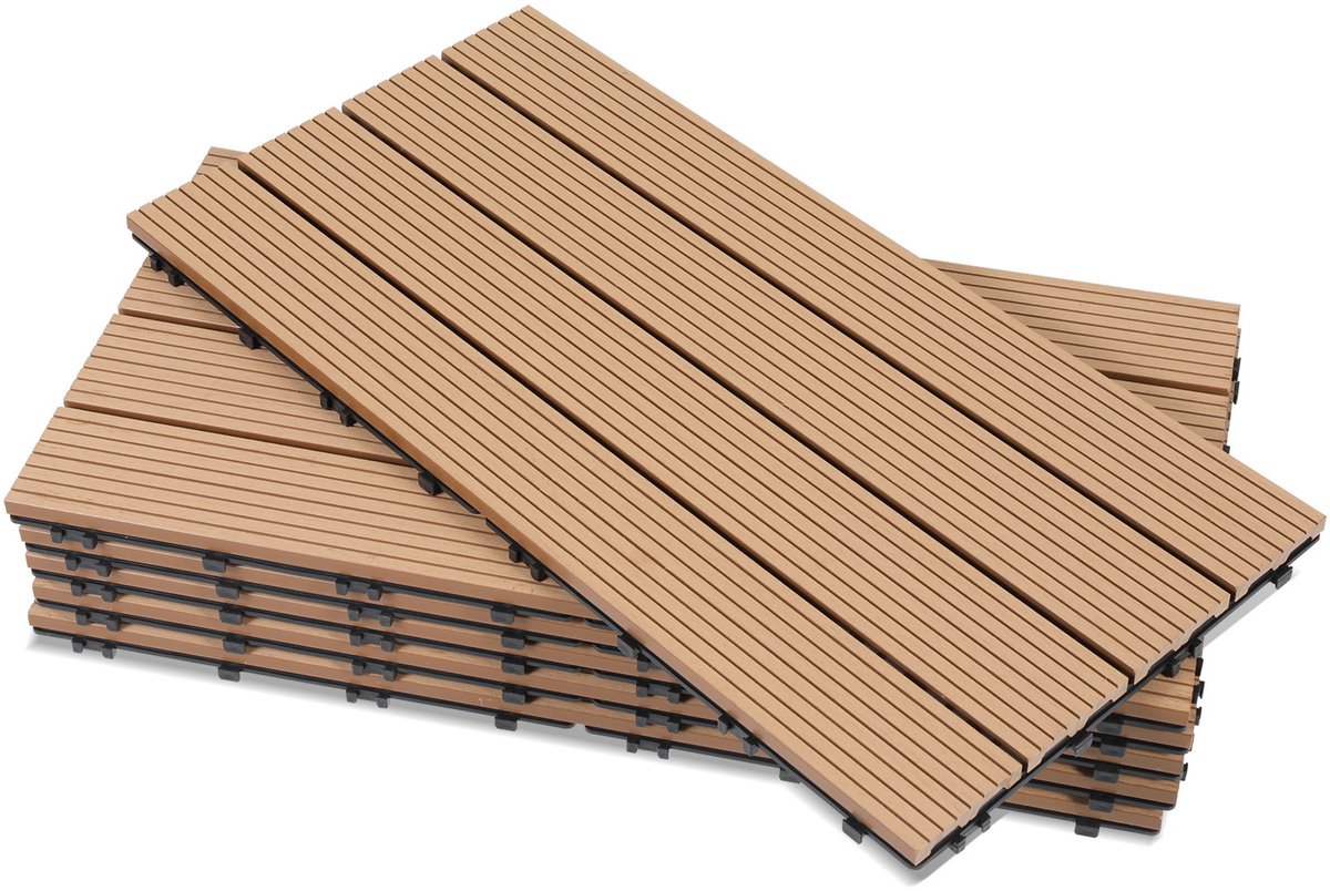 Set van 18 WPC-terrastegels, 4 latten, 30 × 60 cm, kliksysteem, hout-kunststofcomposiet in teaklook
