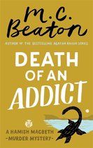 Boek 'Death of an Addict' door M.C. Beaton. Gele kaft met zwarte letters en een illustratie van een zeemonster.
