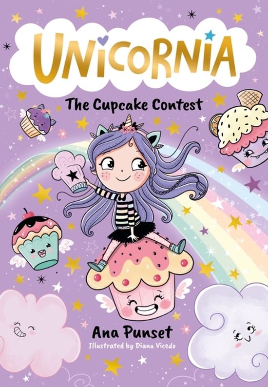 Boekcover 'Unicornia: The Cupcake Contest' met een illustratie van een meisje met paars haar, zittend op een cupcake. Omringd door cupcakes, wolken en een regenboog.