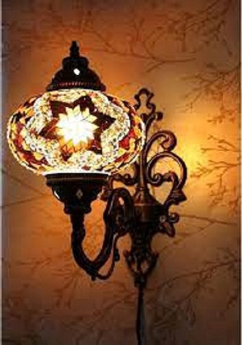 Oosterse Lamp - Wandlamp Mozaïek - Ø 16 cm - Hoogte 28 cm - Geel en Bruin Handgemaakt