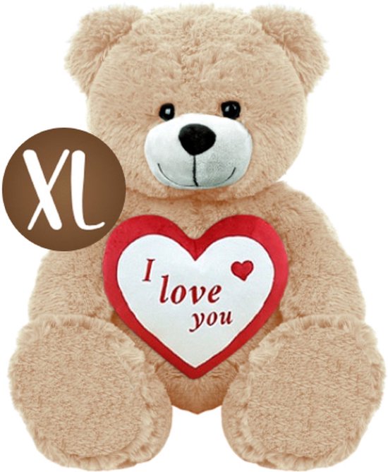 Teddybeer Barchi Beige met Hart “I Love You” (Rood/Wit) 25 cm | knuffelbeer pluche knuffel love beer | Ik Hou Van Jou / I Love You bear | Beertje met hart liefde | Beer met hartje 25cm|Cadeau | Valentijn kado vrouw man Rozenbeer Rozen Beer