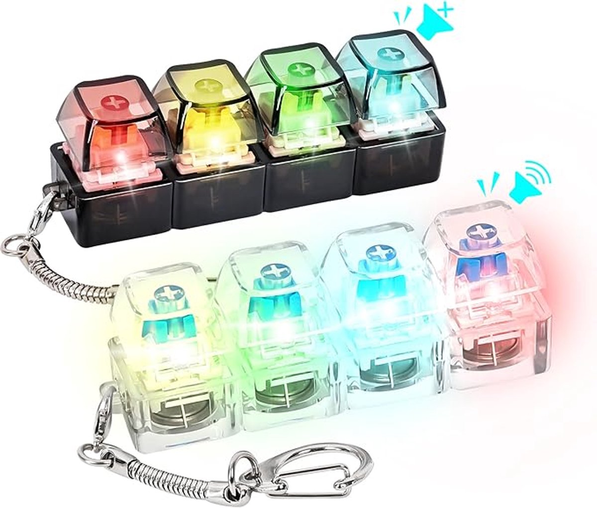 4 Knop Fidget Speelgoed Toetsenbord, Volwassenen Fidget Toetsenbord Clicker Grappige Vinger Toetsenbord Sleutelhanger Fidget Speelgoed Met LED Licht Toetsenbord Speelgoed Vinger Toetsenbord Caps