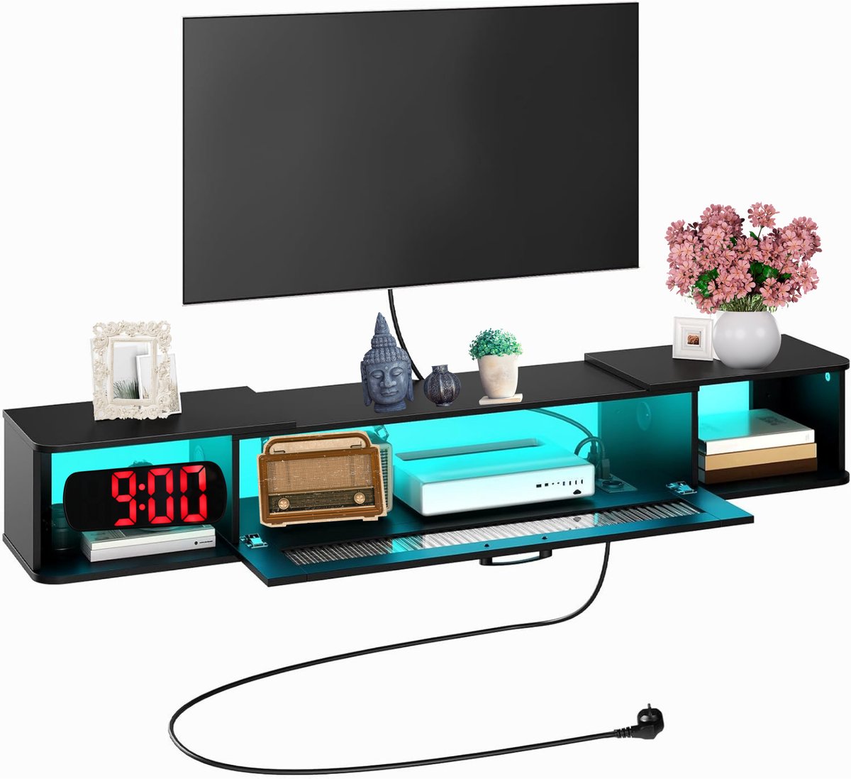 Signature Home Tv-meubel 140 cm - Hangend tv-Kast - TV Kast met ledstrip - wandmeubel met 3 stopcontacten en 2 USB-poorten wandmontage met laadstation - voor tv's tot 65 inch - zwart - 140 x 24 x 20.5 cm