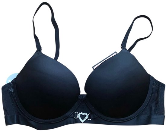 Soutien-gorge push-up noir lisse, orné d'un bijou cœur en strass à l'avant.