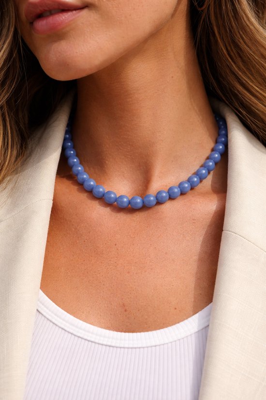 Lundholm Luxe Kralenketting Dames Blauw - Kralen Ketting Premium Stainless Steel Jewellery Gold Plated - my Tampere Serie - 10 mm Kralen - Vrouwen Cadeautjes - in Geschenk verpakking