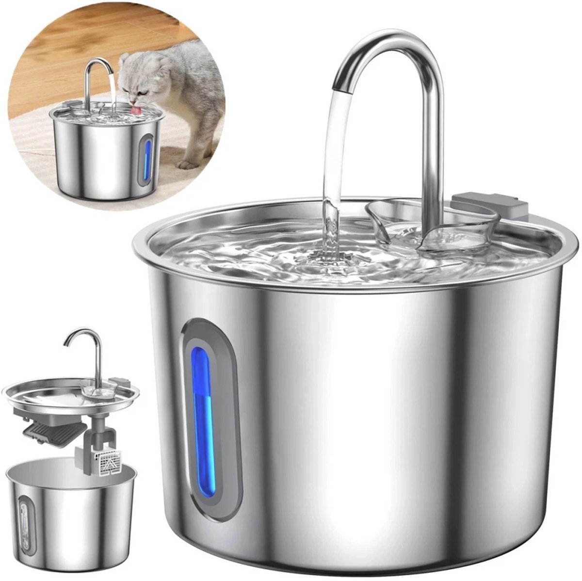 Homtas Drinkfontein Kat en Hond - Kattenfontein 2.2L - Waterfontein Kat RVS - Fluisterstil