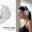 Vrouw met witte AirPods Max, gedetailleerd met een kristalheldere hoes en close-up.