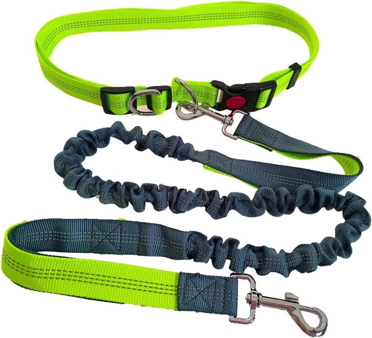 Verstelbare heupriem voor handsfree joggen met groene bungee-lijn voor honden met dubbele handgreep