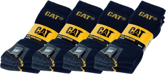Vier paren donkerblauwe werksokken, verpakt in een gele band met CAT-logo en productinformatie.