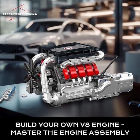 Gedetailleerde LEGO Technic V8 motor met rode cilinders, chromen uitlaten en zwarte kleppendeksel.