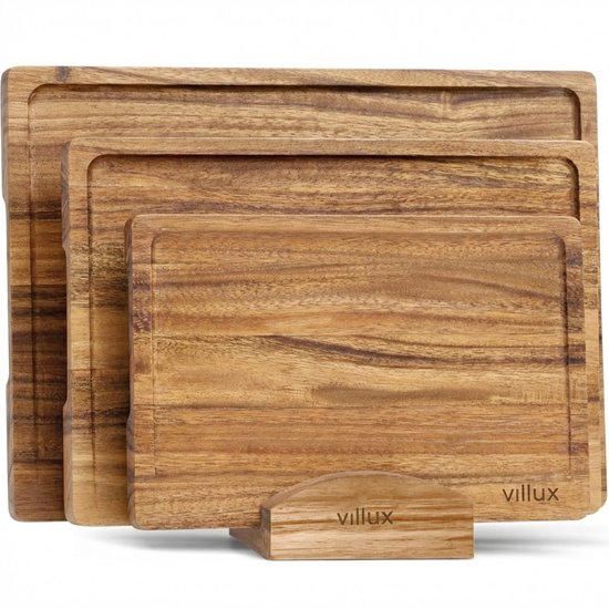 Villux Snijplank - Snijplankenset Met Houder - Snijplank Hout - Snijplanken - Snijplank Acacia- Houten Snijplank - Snijplankenset - Tapasplank - Borrelplank - Serveerplank - Hapjesplank - Inclusief eBook - 3 Stuks - Acacia