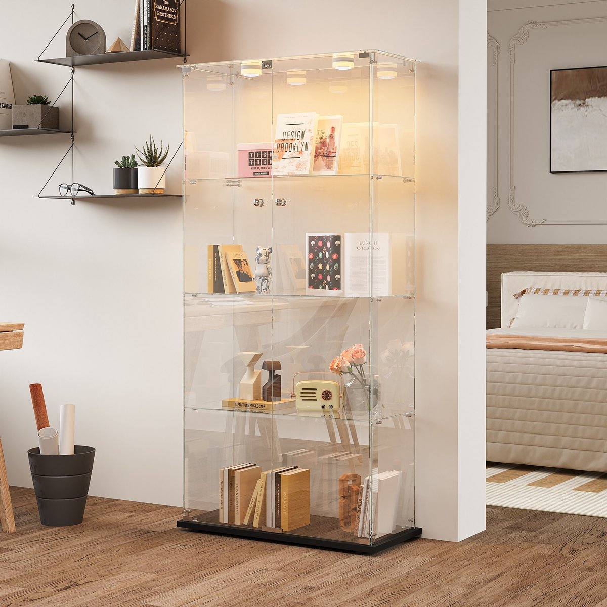 ROSAHQNDA Glazen vitrinekast met ledverlichting, moderne glazen vitrinekast voor verzamelobjecten, boeken, wijn, 4 glazen planken en 2 afsluitbare deuren, 163 x 78,5 x 35 cm, zwart (tapverlichting) Zwart - Kraanverlichting