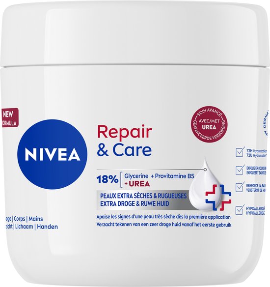 NIVEA Repair & Care Ureum Bodycrème - 18% Glycerine + UREA + Vitamine B5 - Barrière Crème voor Zeer Droge en Gebarsten Huid - 400 ml