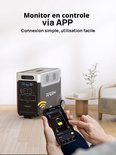 Man gebruikt smartphone met AFERIY app om de P310 powerstation te bedienen, met wifi-symbool.