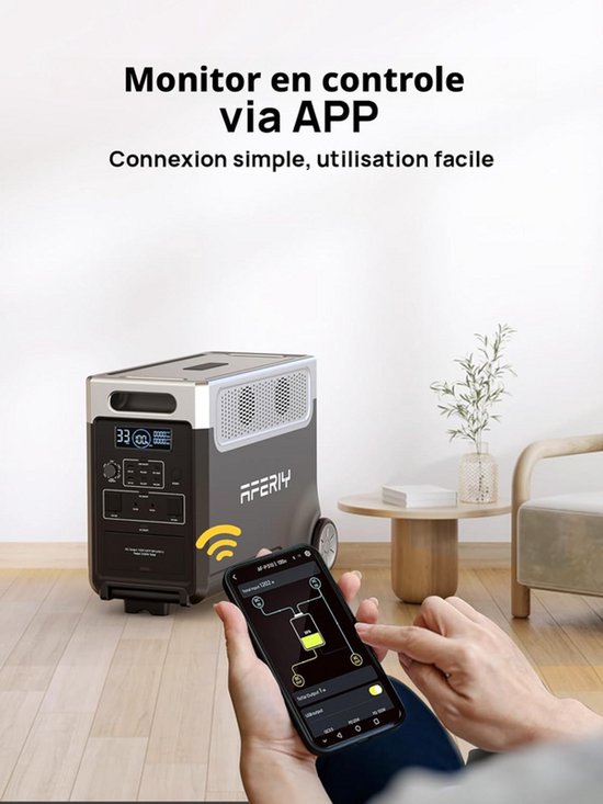 Man gebruikt smartphone met AFERIY app om de P310 powerstation te bedienen, met wifi-symbool.