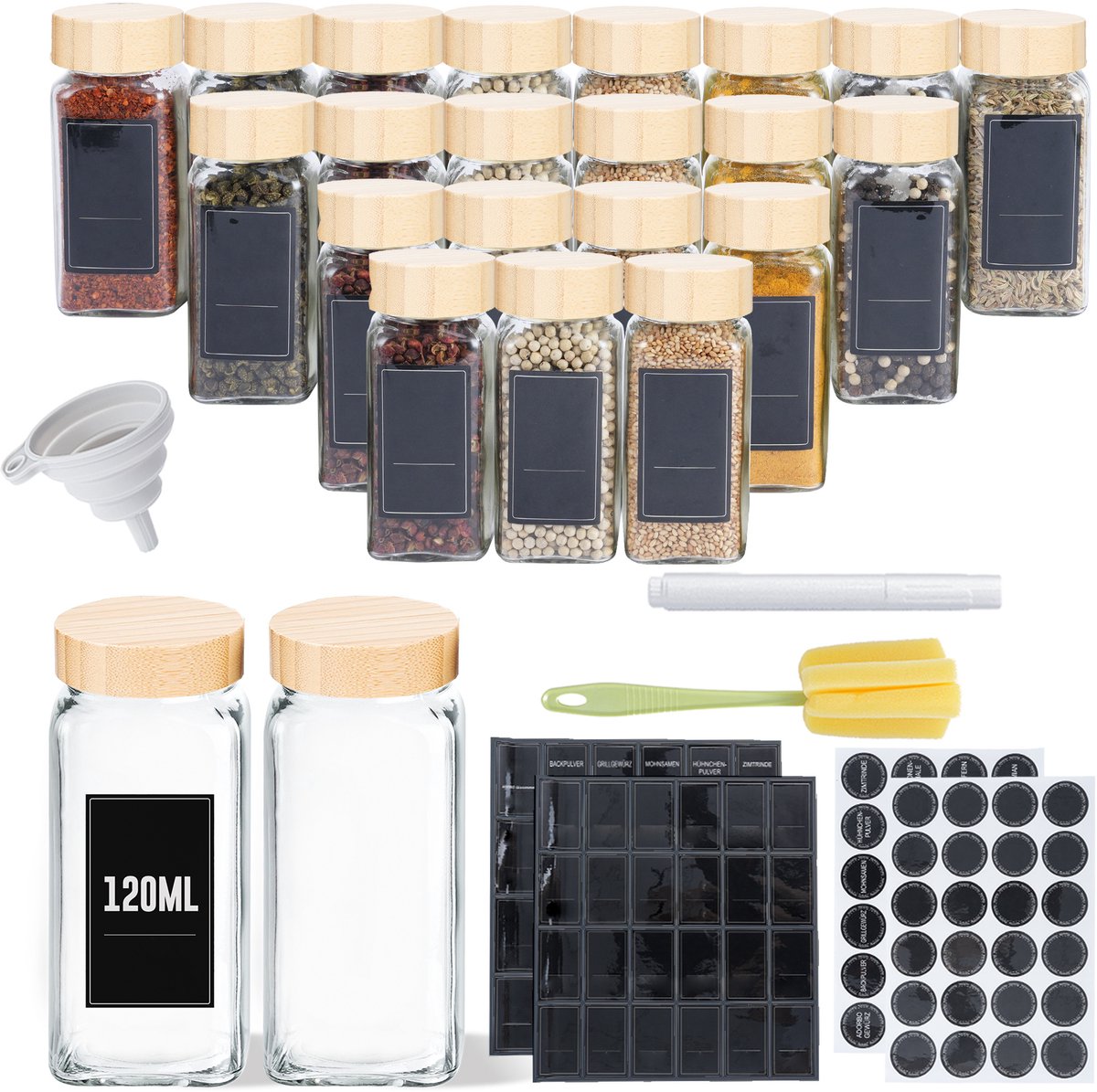 Aufun 12 Stuks Glas Luchtdichte Kruidenpotten - Houten Deksel - Met Labels - Keuken Opbergorganizer