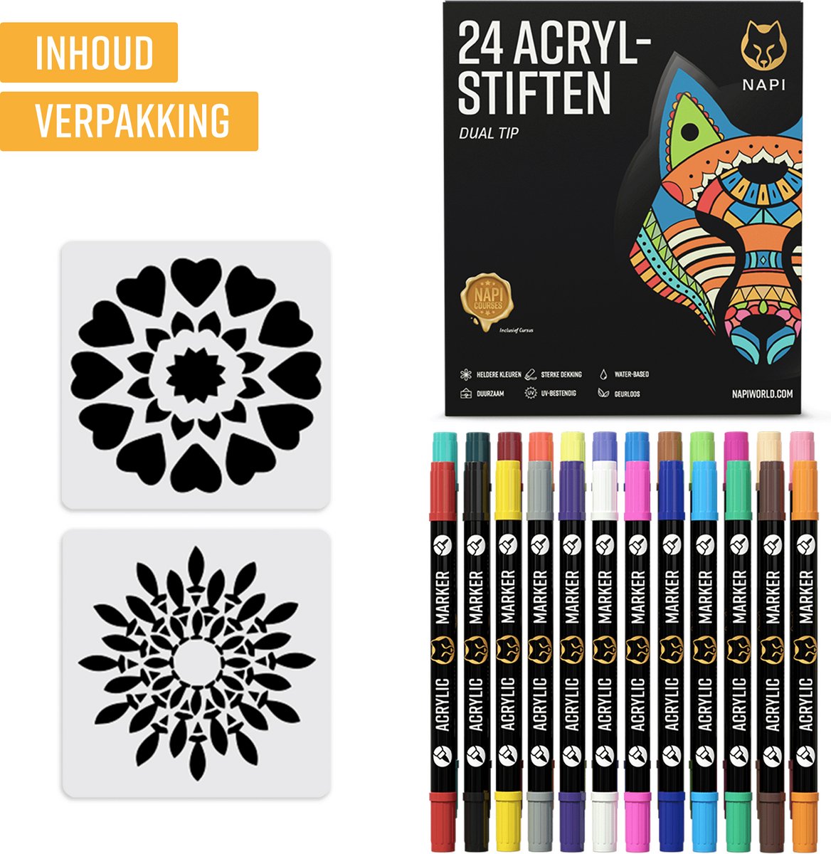 Napi Acrylstiften 24st - Brush en Fine Tip Twinmarkers - Verfstiften Happy Stones - Stenen Schilderen met Acryl Verf Marker Stiften - Volwassenen en Kinderen - Incl. 2 Mandala Sjablonen — afbeelding 9