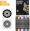 Inhoud verpakking: 24 Acryl-stiften Dual Tip, 2 mandala sjablonen, een doos met kleurrijke vos.