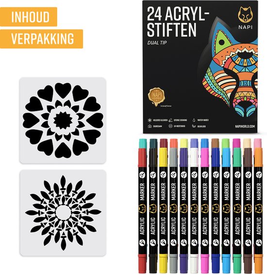 Inhoud verpakking: 24 Acryl-stiften Dual Tip, 2 mandala sjablonen, een doos met kleurrijke vos.