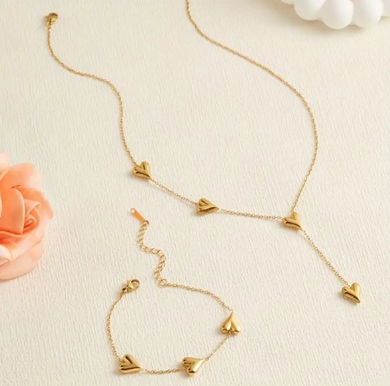 Dames Hartjes Armband & Ketting Set van Roestvrij Staal – Sieradenset met Gratis Armband – Perfect Cadeau voor feestdagen zoals Valentijn, Verjaardag & Dagelijks Gebruik