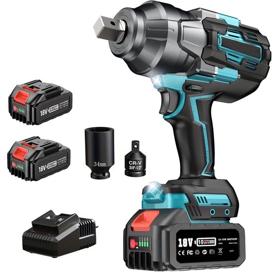 Accu Momentsleutel – Slagschroevendraaier – Draadloze Impact Wrench – Elektrische Boutenlichter – Accuboormachine – 1600 Nm Koppel – 2x 5000mAh Batterijen – 3 Versnellingen