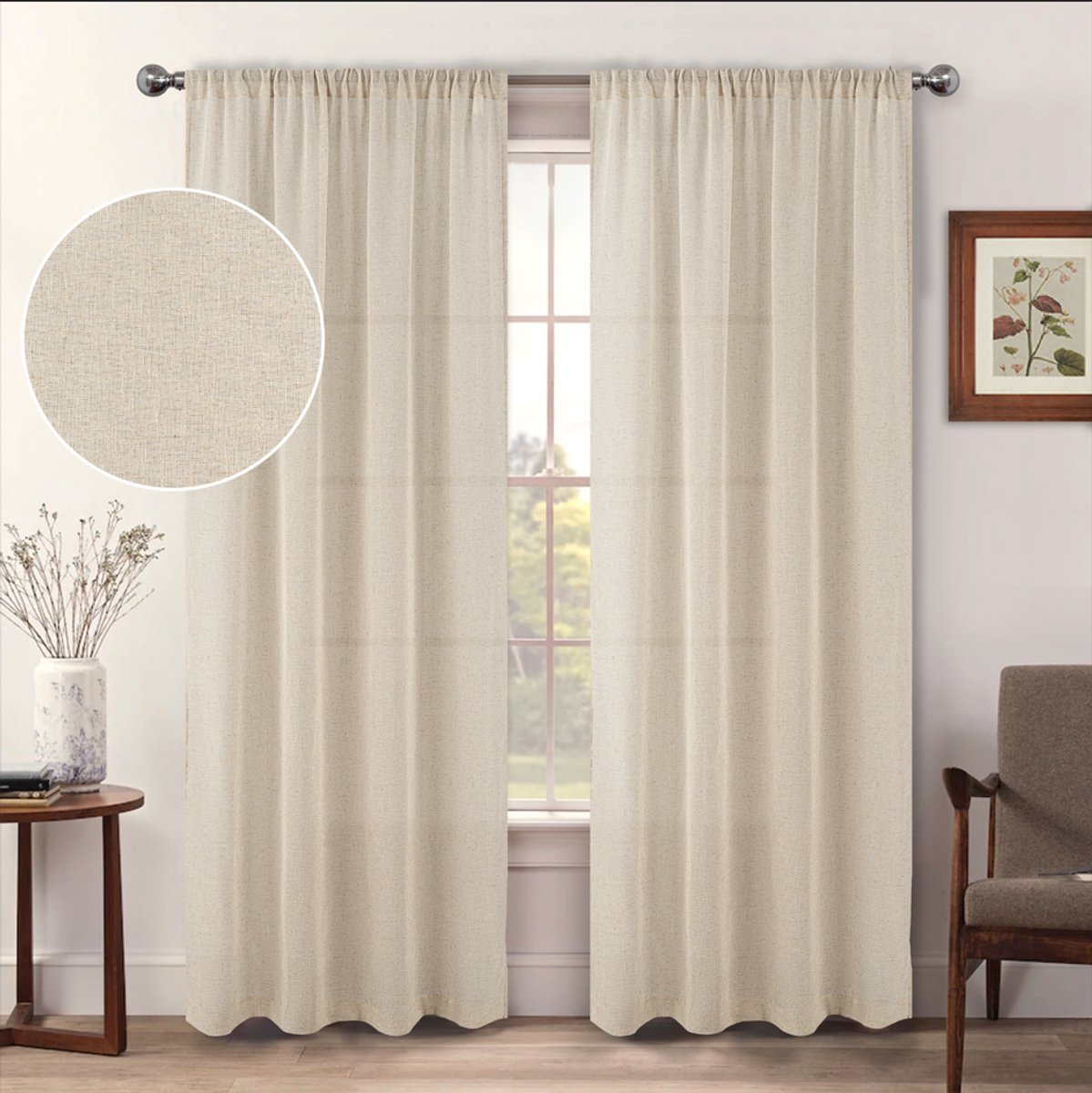 Floraweg Linnen effectieve transparante gordijnroede met zakjes Semi-transparante privacy lichtfilterende raamdecoratie voor slaapkamer/woonkamer, 1 stuk, natuurlijke kleur, 135 x 160 cm