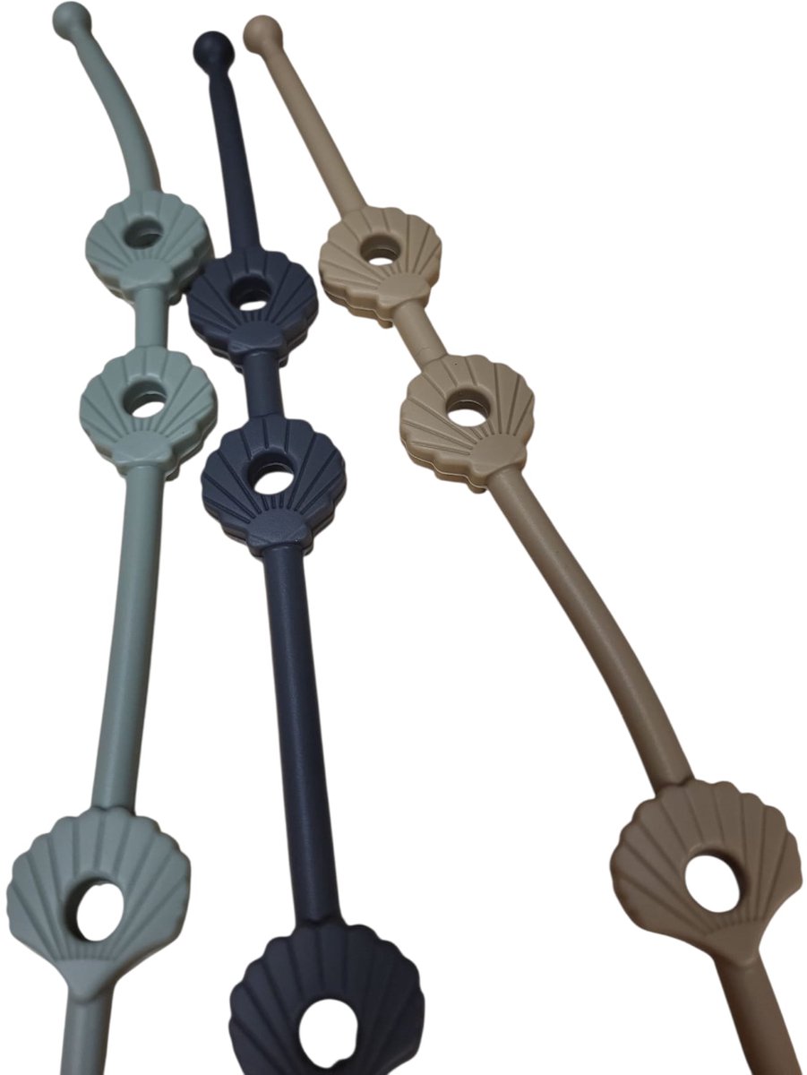 Verstelbare bandjes - Ketting - Koord - Silicone - rekbare veiligheidsriempjes voor speelgoed - Aan de kinderwagen - Kinderstoel - Autostoel - Anti weggooi - Bekercatcher - Baby - 50cm - Schelp - Set van drie bandjes - Donker Grijs Beige en Groen van Merkloos / Sans marque