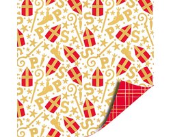 Product afbeelding van Het Inpakhuis - Inpakpapier - Cadeaupapier - Kadopapier - Sint Mijter Feest Wit / Ruit Rood - 70cm x 2m - Rol inpakpapier - Piet - 5 December - Pakjesavond - Sinterklaas