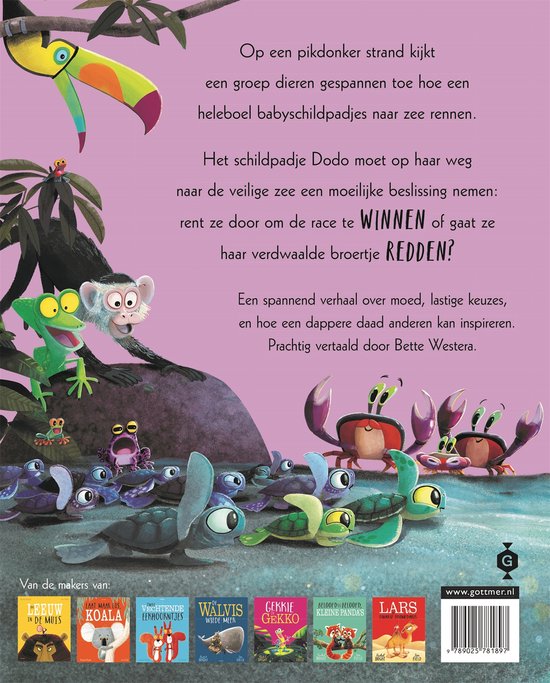 Een groep babytjeschildpadden rent naar de zee op een strand, met krabben, kikkers, een aap en een neushoornvogel.