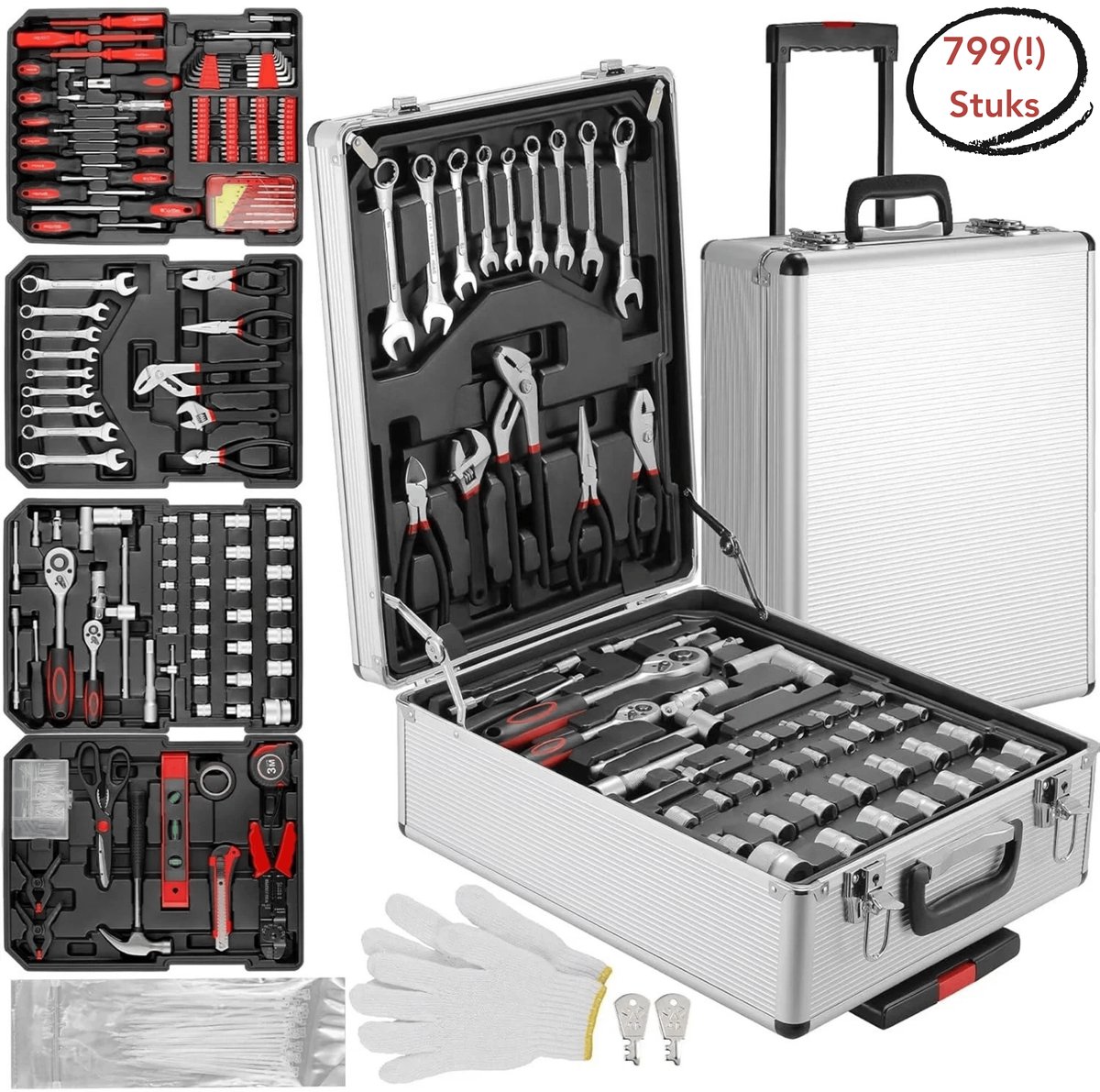Aiverig® Gereedschapskoffer Gevuld op Wielen – 799-Delige Gereedschapskist & Gereedschapset – Trolley met Wielen – Met Sleutels, Schroevendraaiers, Tangen & Tie Wraps – Toolbox voor Huis, Auto & Werkplaats – 50×37×18 CM